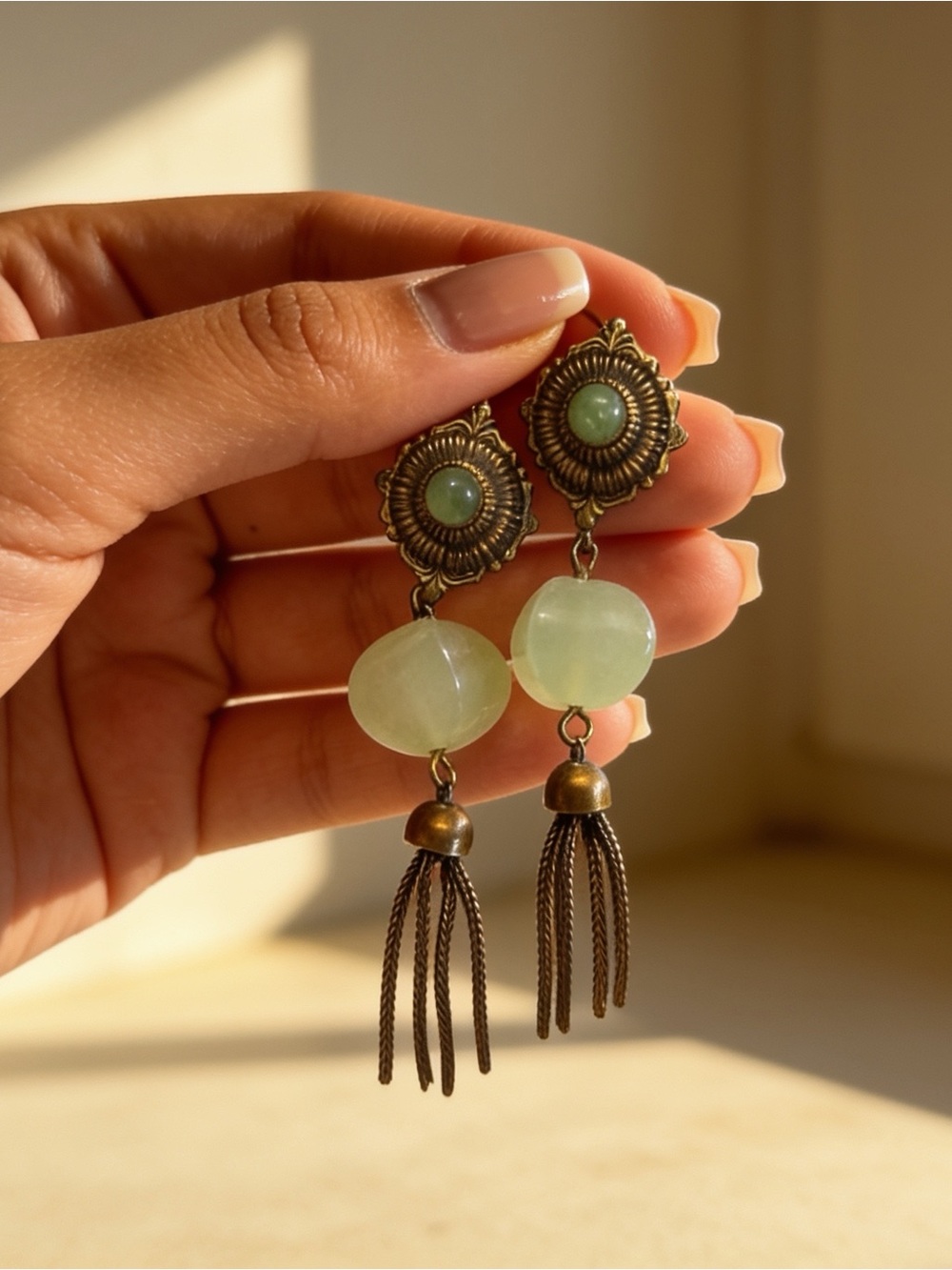 Vintage-Style Green Stone Tassel Drop Earrings